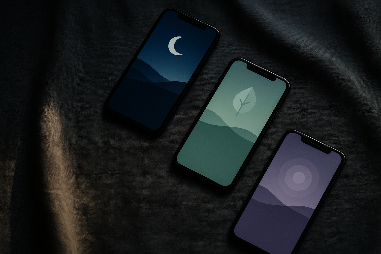 Three smartphones displaying wellness app interfaces with calming blue, green, and lavender color palettes, arranged on a dark linen surface in soft natural light.