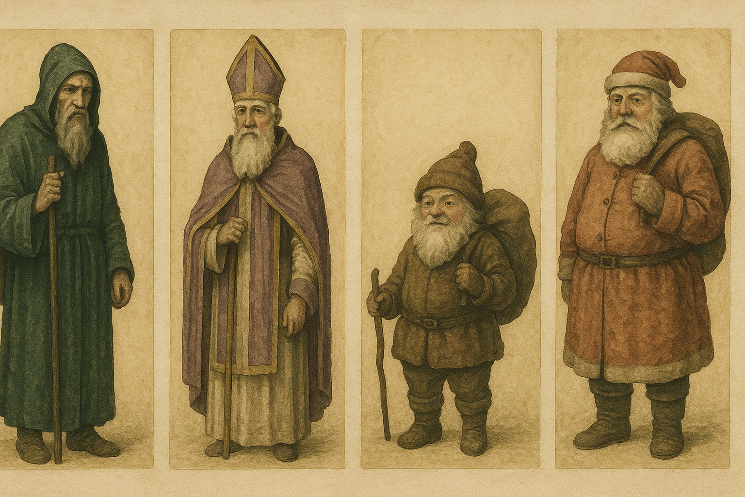 Four historical depictions of Santa Claus figures in varying styles and colors including green, purple, brown, and muted red, illustrating the visual inconsistency of the character before Coca-Cola's standardization