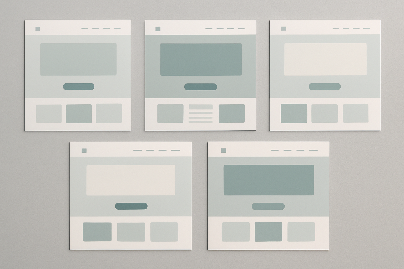 Five simplified website homepage mockups displayed side by side, all featuring nearly identical muted color palettes of greys, whites, and dusty teals, illustrating the visual homogeneity of corporate SaaS design from the late 2010s.