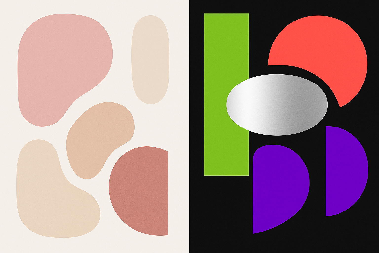Split mood board comparing the muted millennial beauty palette of blush, bone, and dusty rose on the left with the Gen Z chromatic maximalist palette of acid green, hot coral, and chrome silver on the right