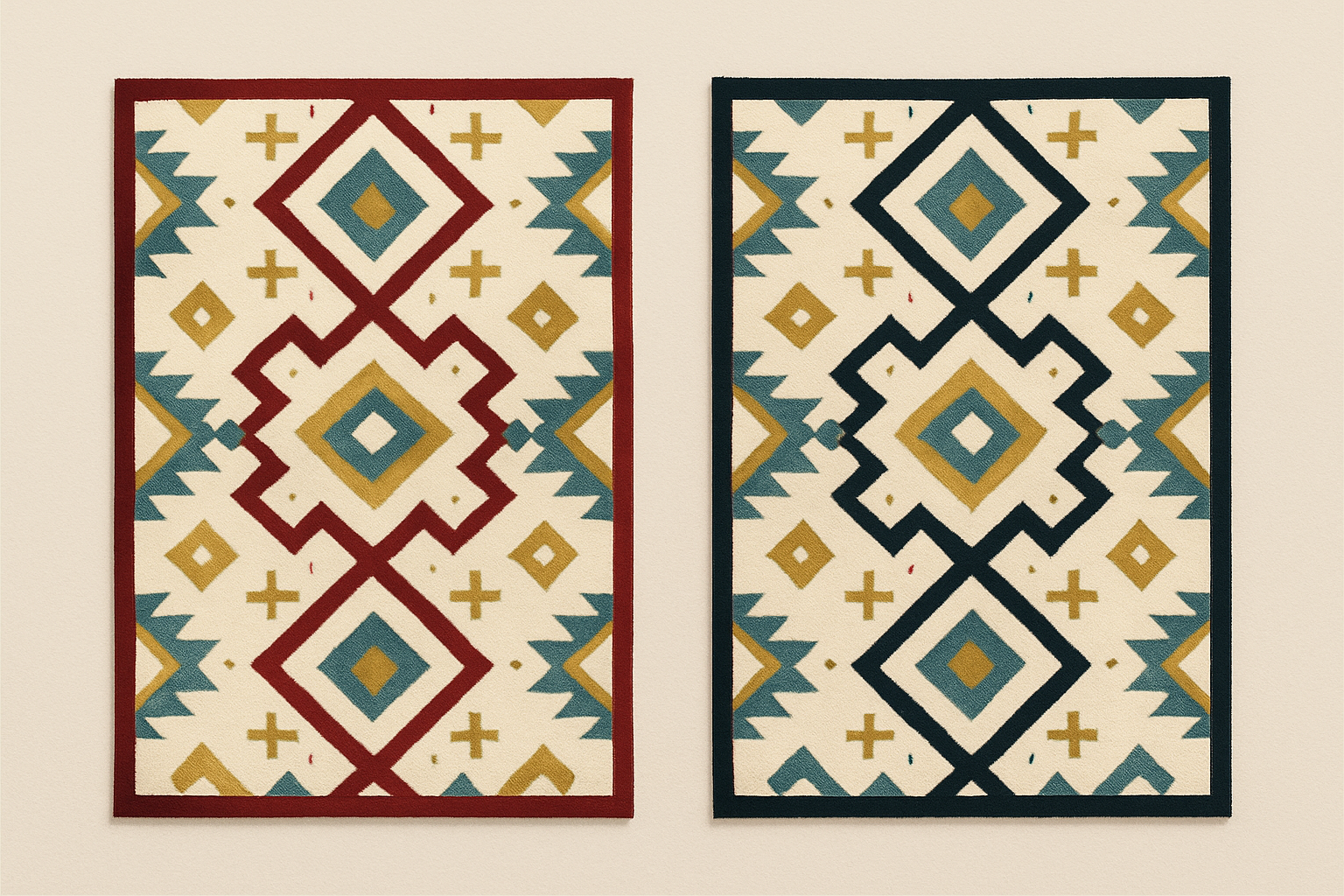 Side-by-side comparison of two identical geometric textile patterns where only the outline color differs, demonstrating how a single color change shifts the perceived tone of the entire composition