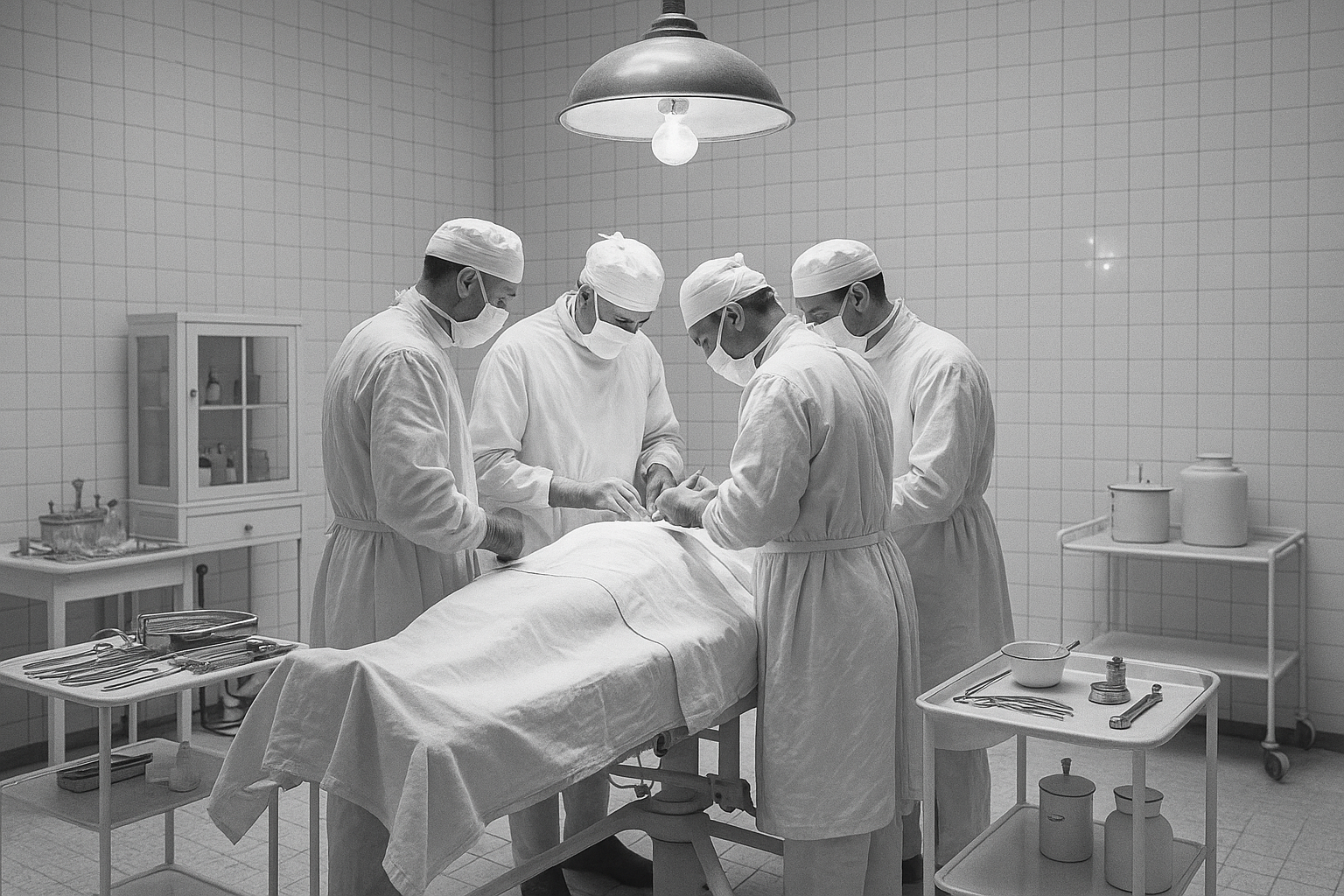 A black-and-white depiction of an early 20th-century operating theater showing the immersive all-white environment of white tiles, white coats, and white surgical drapes that defined medical spaces of the era.