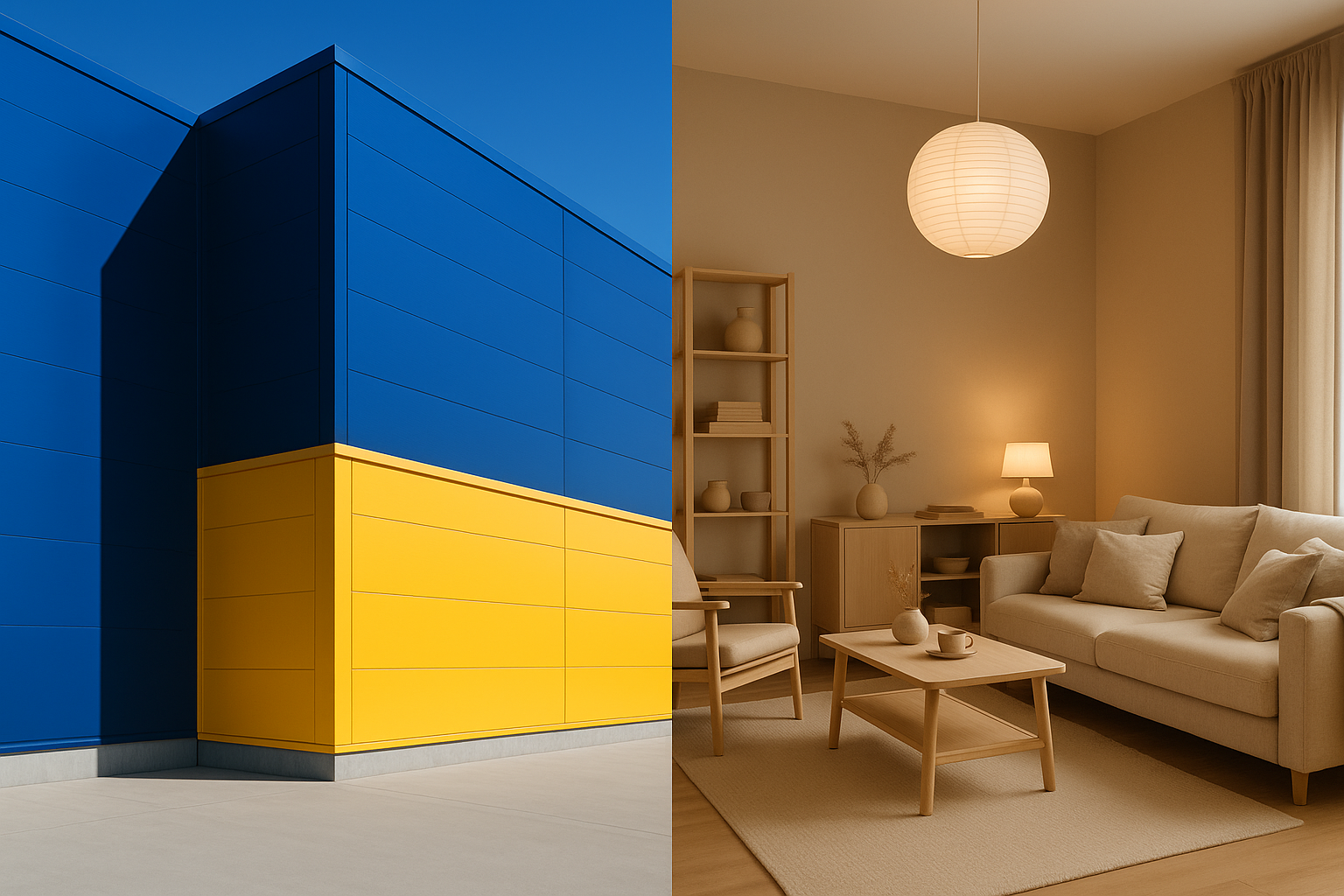 Split view comparing the bold blue and yellow IKEA store exterior with a warm, neutral-toned showroom interior, illustrating the dramatic color contrast between brand identity and selling environment.