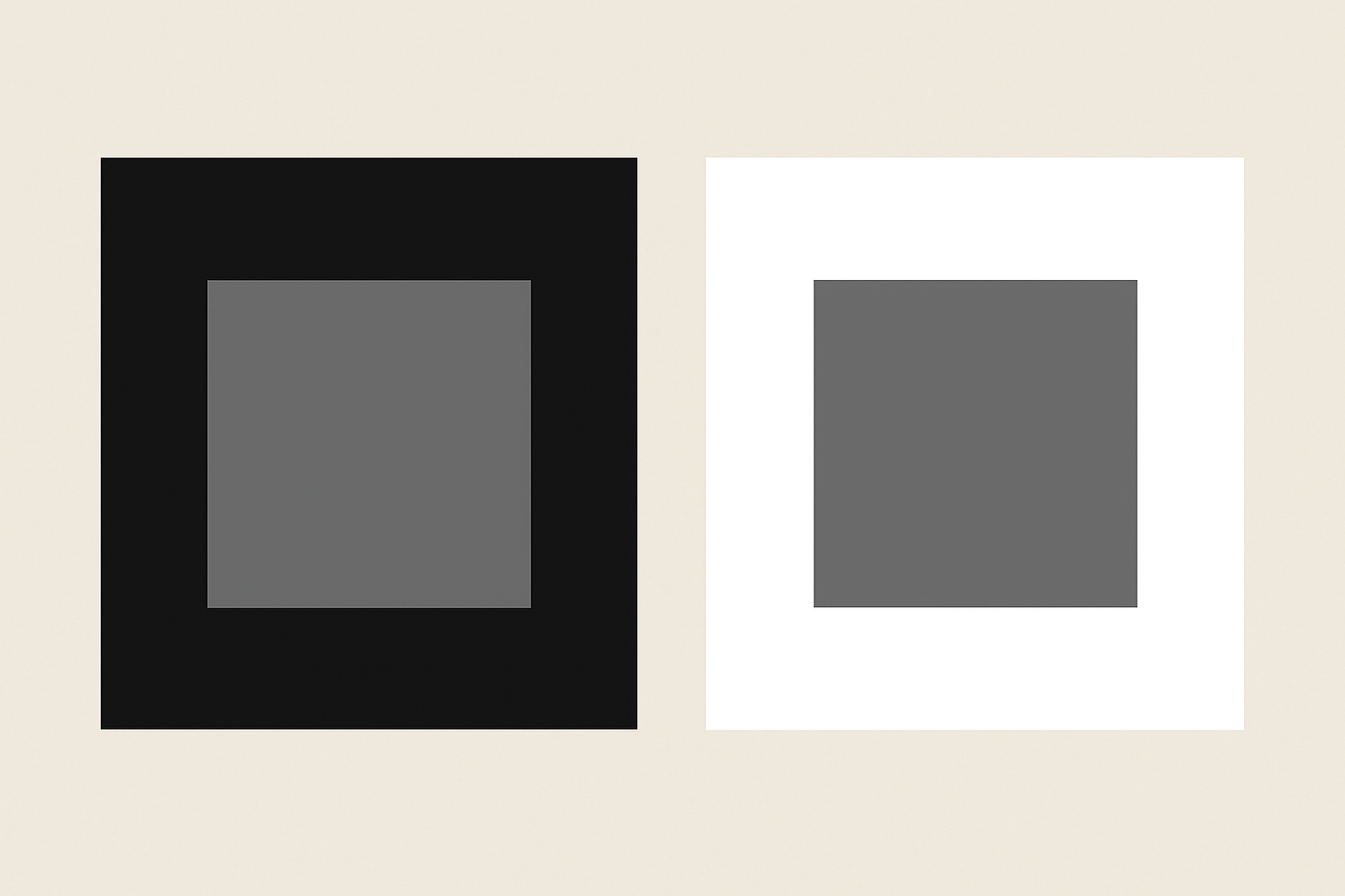 Two identical gray squares appearing different shades due to simultaneous contrast, one on a black background appearing lighter and one on a white background appearing darker