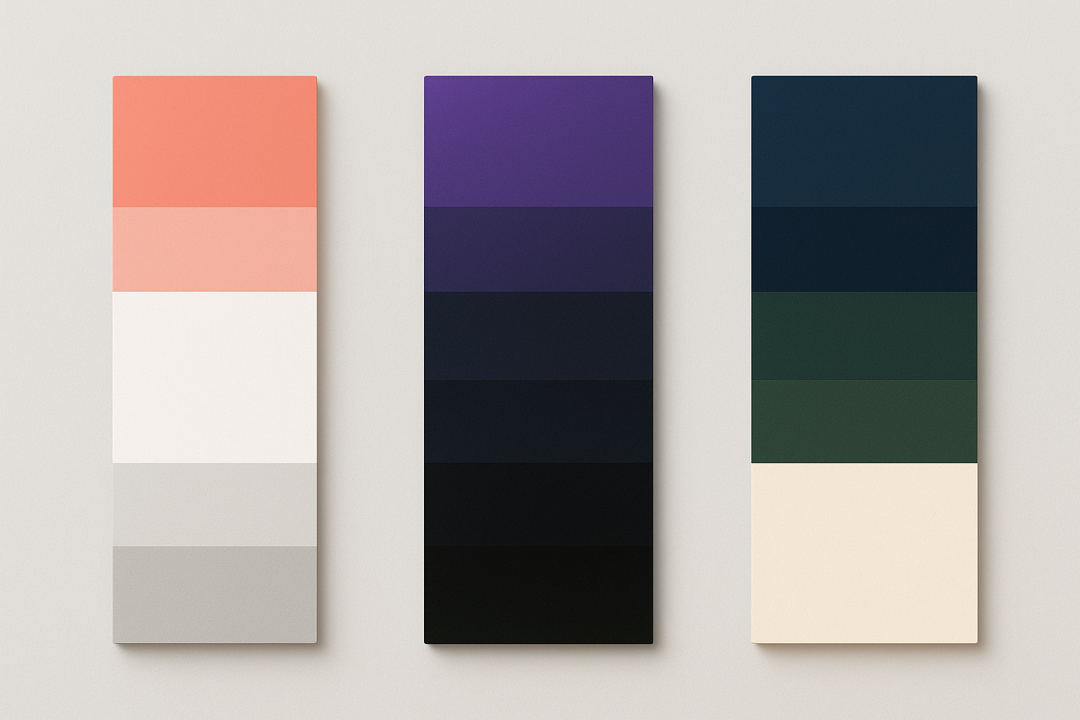 Side-by-side comparison of three fintech color palette approaches: a warm coral challenger bank palette, a dark violet digital fintech palette, and a traditional navy legacy bank palette