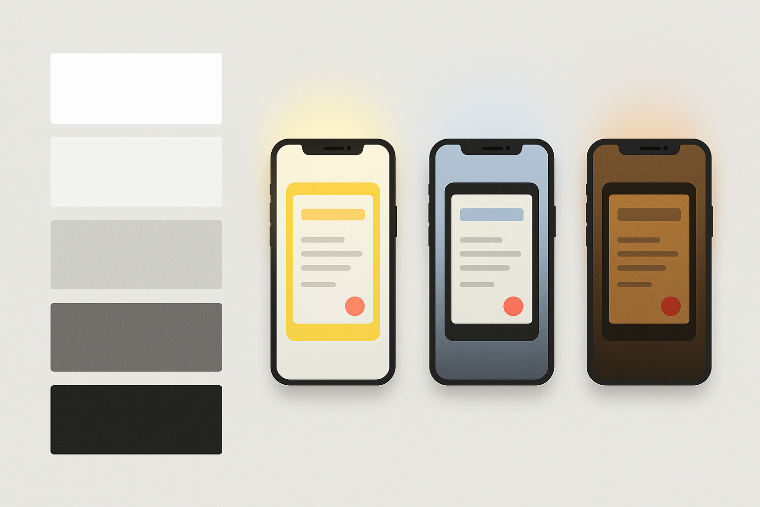 Diagram showing a 5-tier luminance scale alongside three smartphone screens simulating how the same color palette appears differently under bright sunlight, office fluorescent, and dim café lighting conditions.