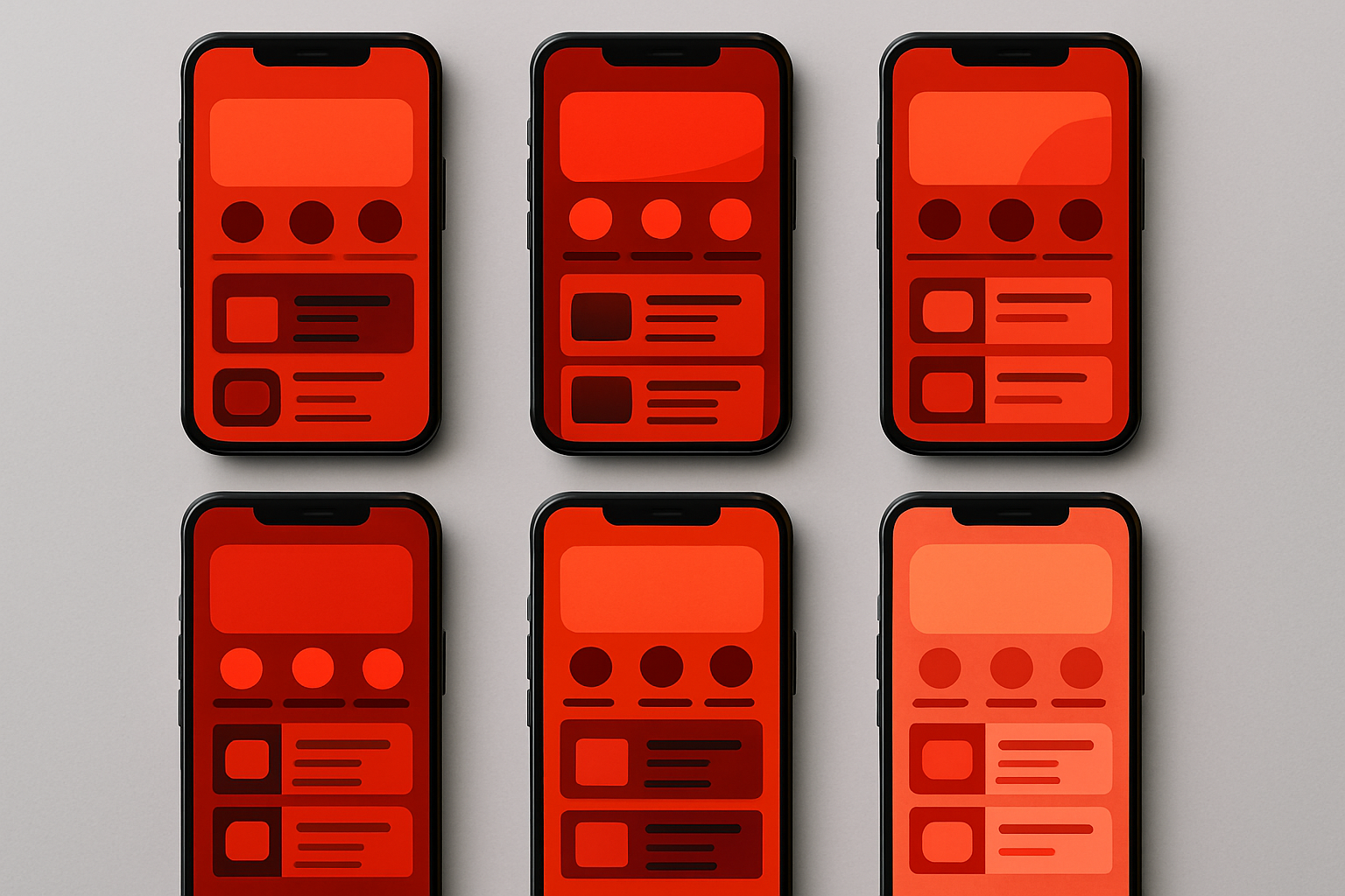 Grid of six smartphone screens showing food delivery app interfaces all dominated by variations of red, illustrating the color uniformity of the industry circa 2022-2023
