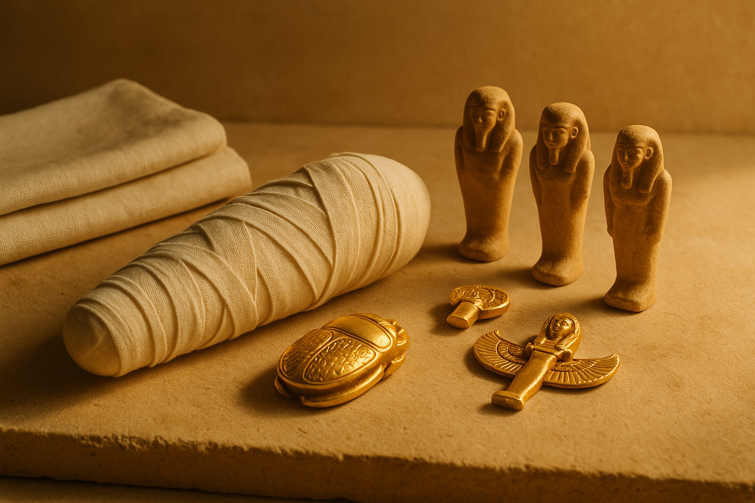 Ancient Egyptian funerary objects including white linen wrappings and golden amulets arranged on a stone surface, illustrating the white and gold mourning palette of ancient Egypt