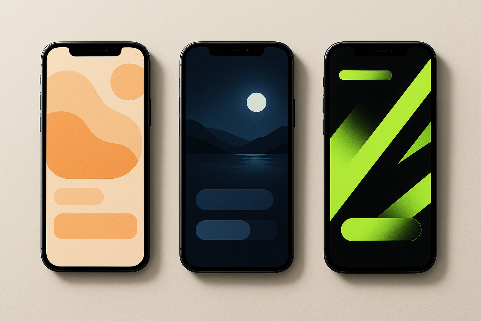 Three smartphone screens comparing the soft, muted color palettes of wellness apps against the high-contrast, energetic visuals of a fitness app, illustrating how visual temperature differs across app categories.