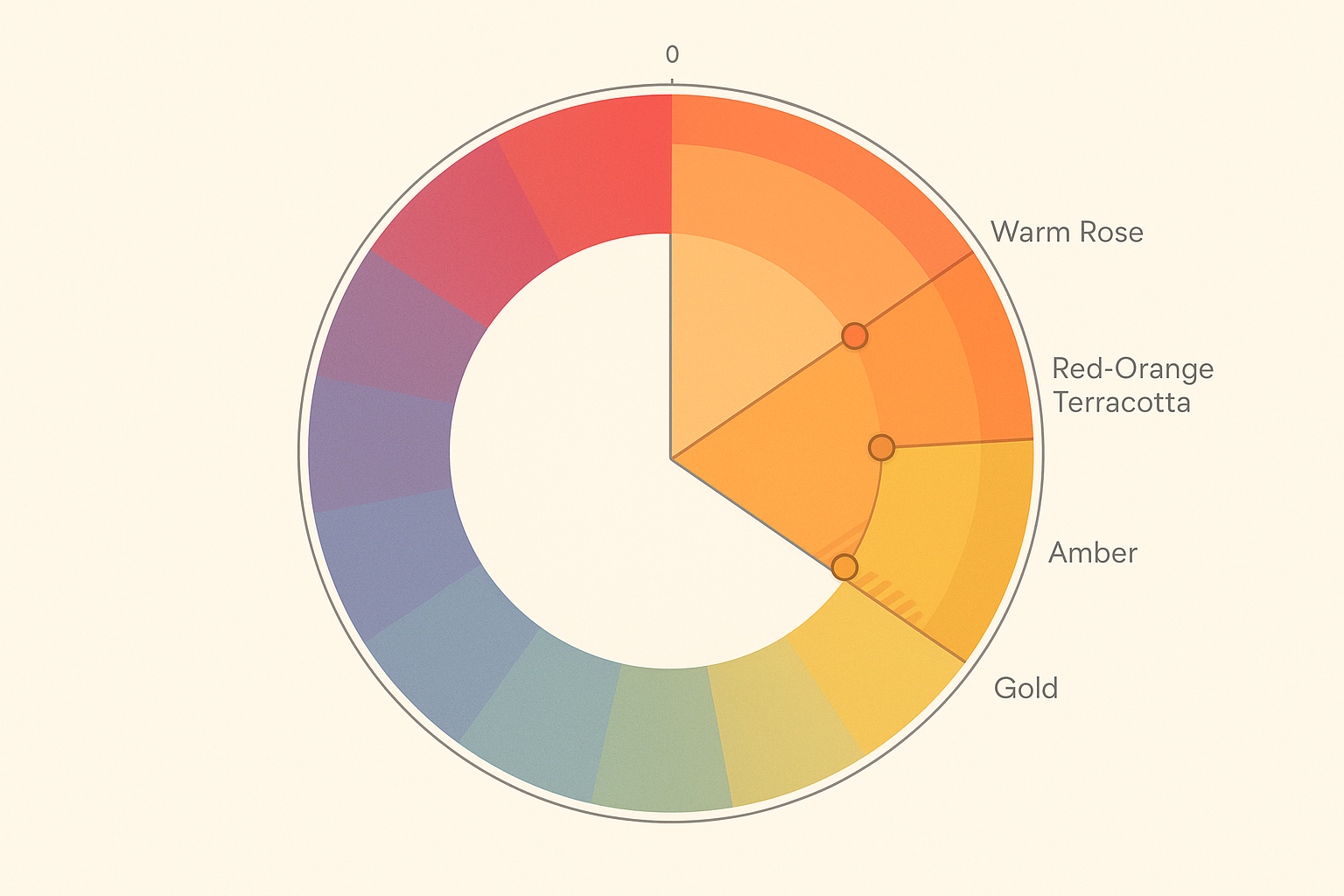 HSL color wheel diagram highlighting the warm hue zone from 0 to 55 degrees, with sub-ranges for terracotta, amber, and gold marked, plus three anchor points for the palette directions discussed in the article