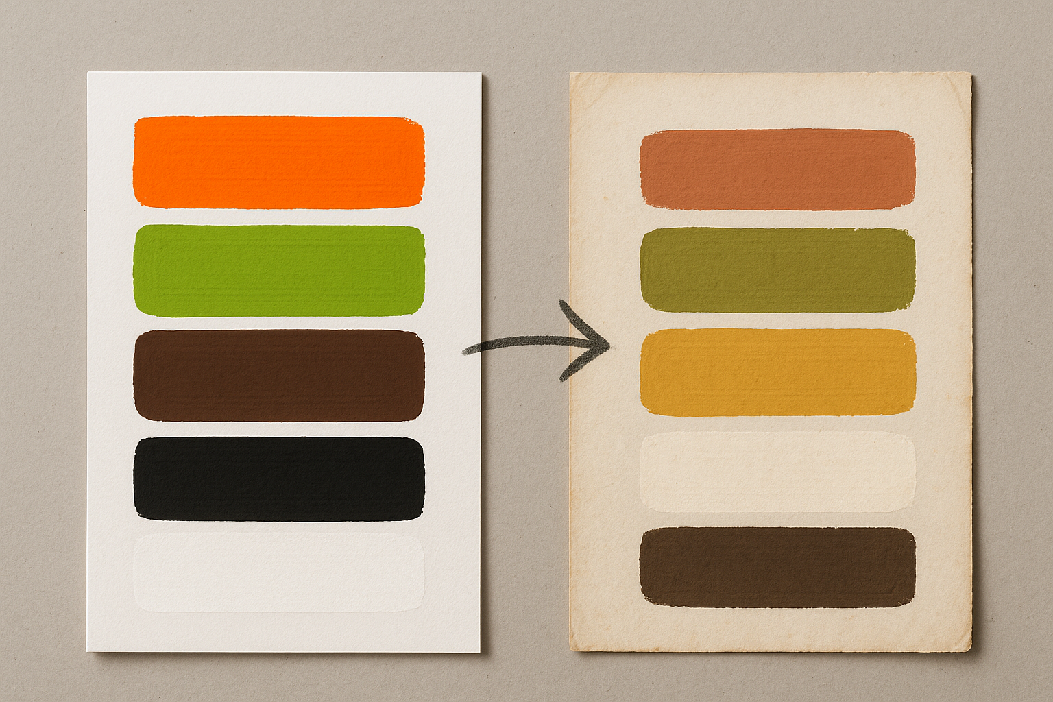 Comparison of raw retro color swatches versus adapted modern versions, showing how saturation reduction and warmth shifts create a more authentic vintage feel