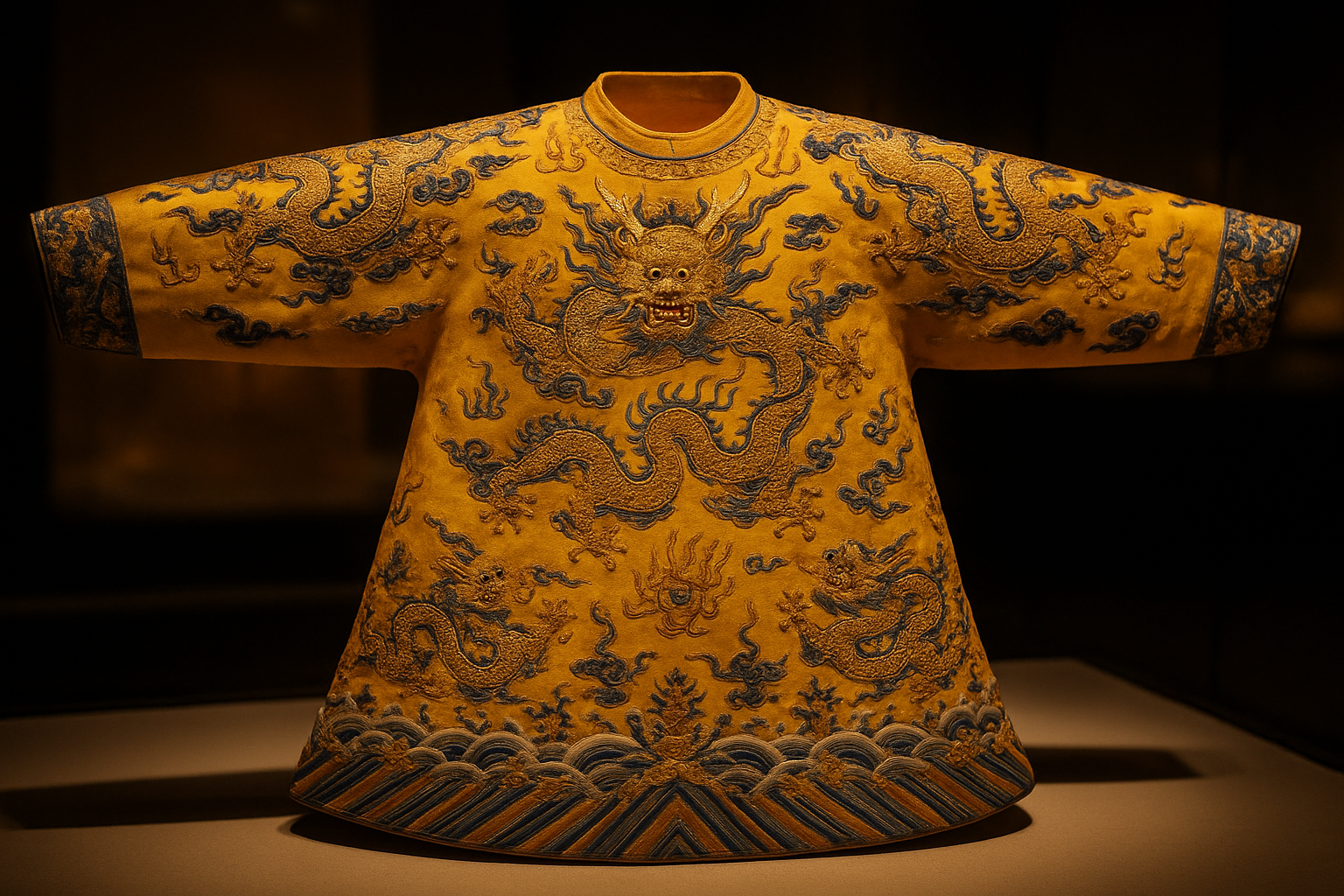 An imperial Chinese court robe in vivid míng huáng yellow silk with embroidered dragon motifs, displayed in a museum setting under warm lighting