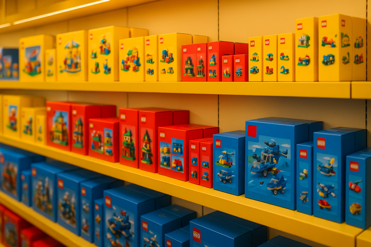 A brightly lit LEGO retail store display with neatly organized rows of LEGO sets in iconic primary-colored packaging, demonstrating the brand's consistent visual identity on shelves