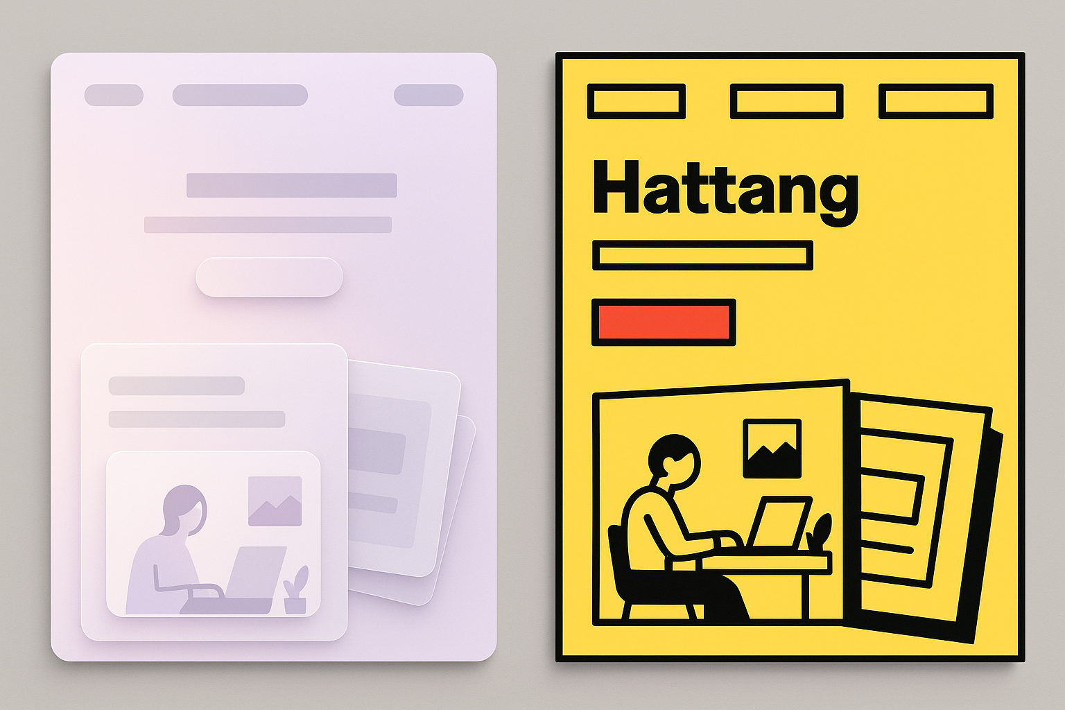 Side-by-side comparison of a soft gradient SaaS homepage design versus a bold neo-brutalist homepage design, showing the dramatic visual shift in UI color trends from muted pastels to high-saturation flat colors with thick black borders.
