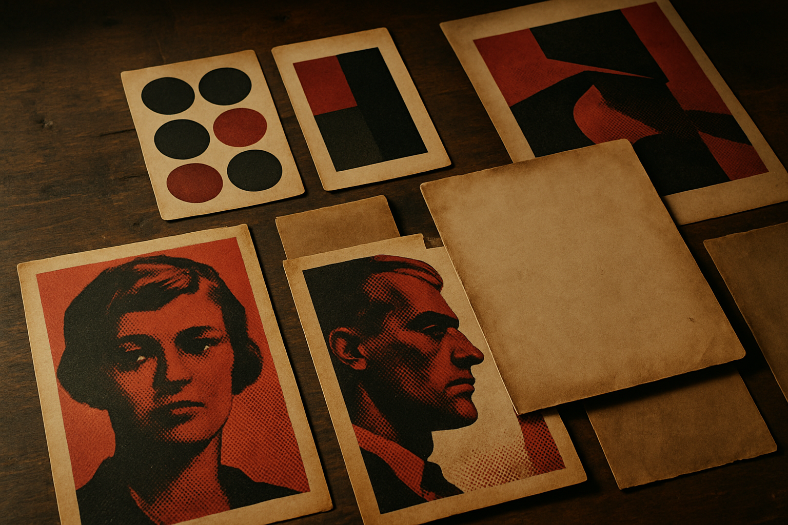 Vintage mid-century halftone printed materials arranged on a wooden surface, showing the historical roots of two-color printing techniques