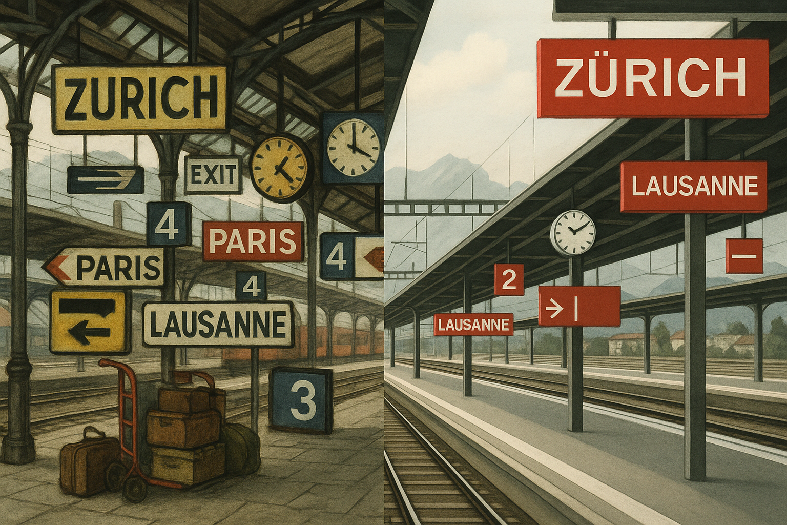 Illustration contrasting a cluttered pre-standardization Swiss railway platform with mismatched signage against a clean, standardized platform featuring uniform red and white SBB visual identity