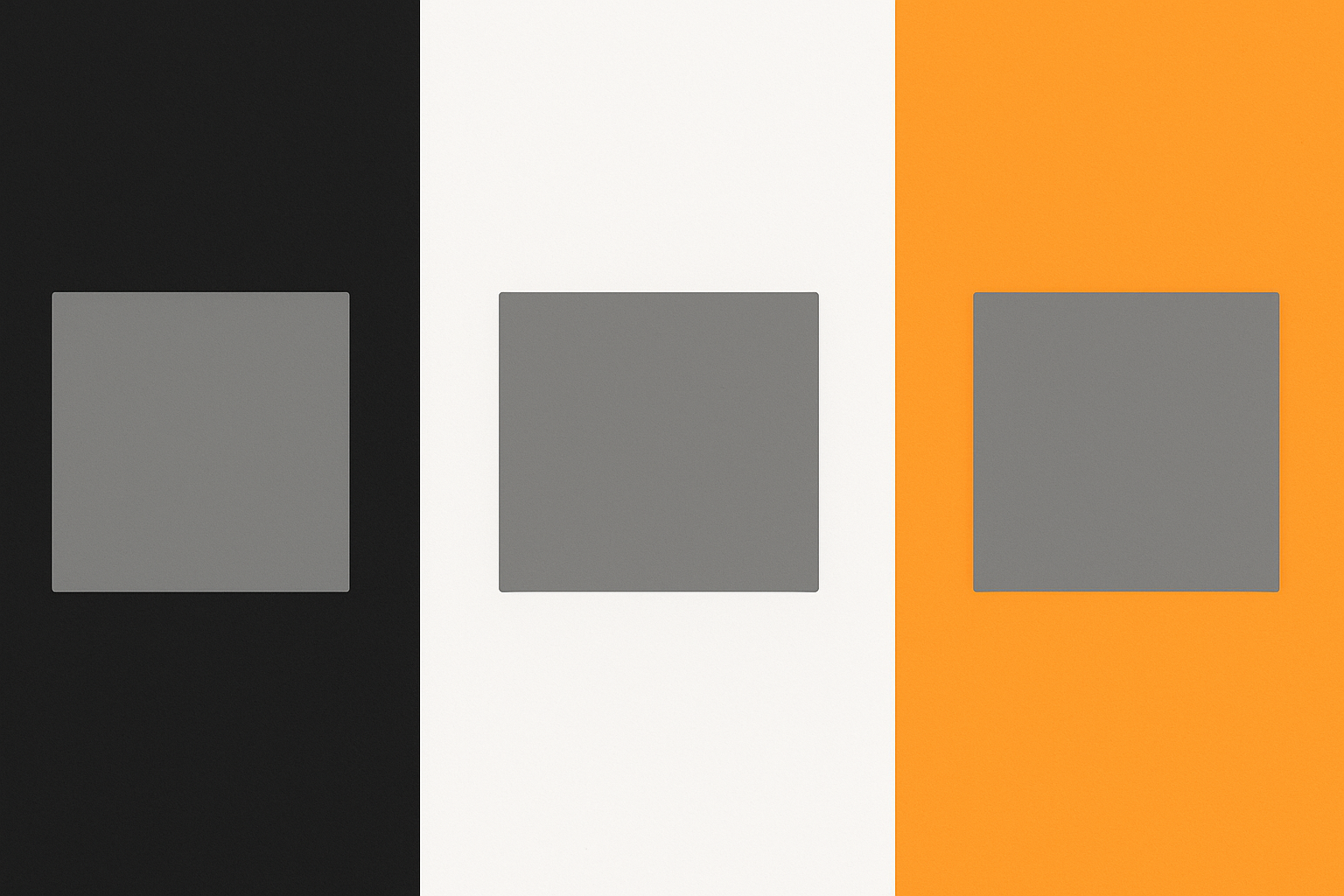 Three identical mid-gray squares displayed on black, white, and orange backgrounds, demonstrating how simultaneous contrast causes the same gray to appear lighter, darker, or tinted depending on its surrounding color.