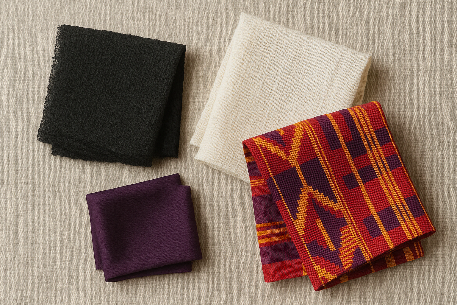 Flat-lay arrangement of mourning textiles from different cultures including black Victorian crape, white Chinese hemp, purple silk, and colorful kente cloth, displayed on a neutral linen surface