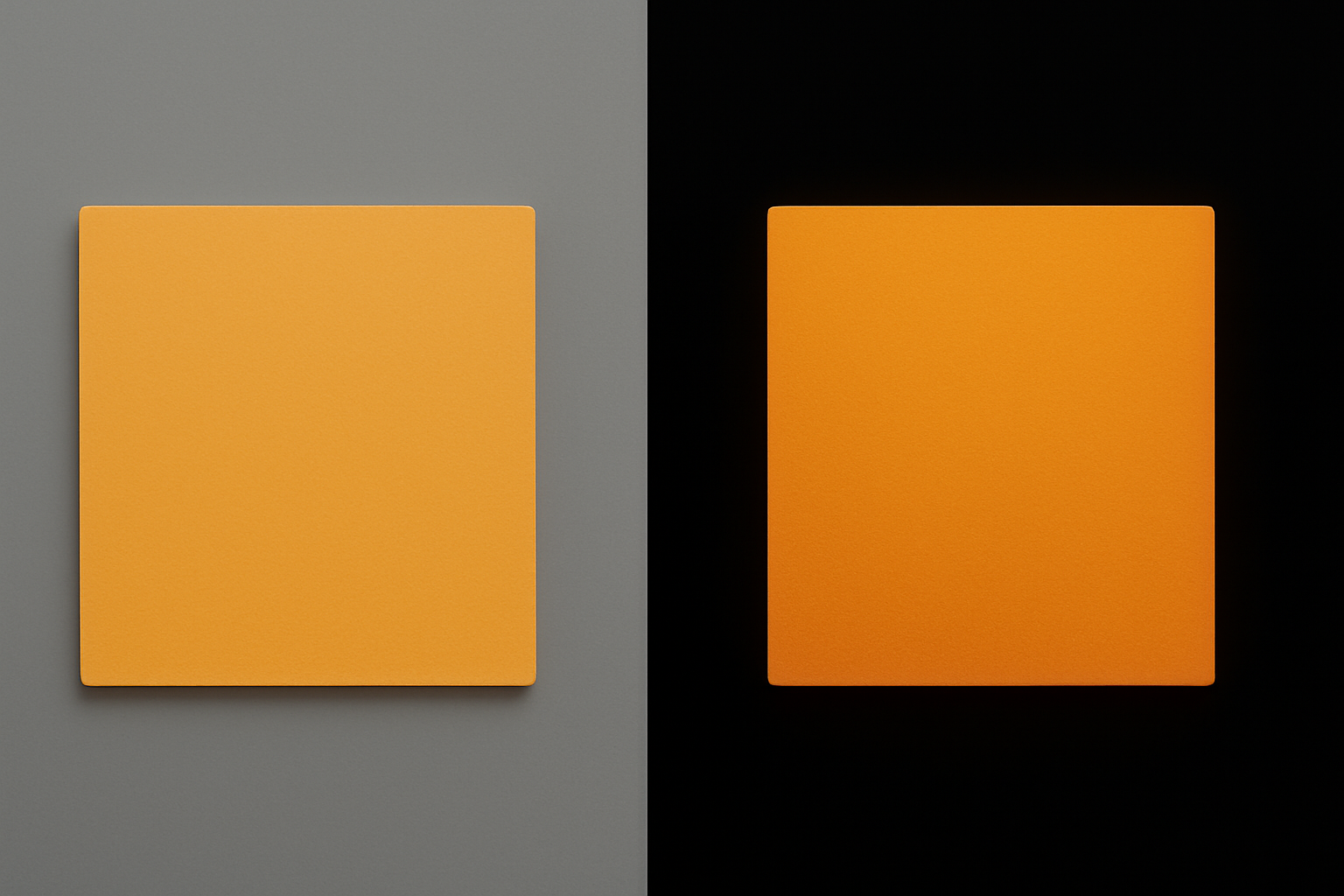 Side-by-side comparison of an ochre-sand color on a simulated LCD gray background versus a deep OLED near-black background, showing how the near-black grounds the color.