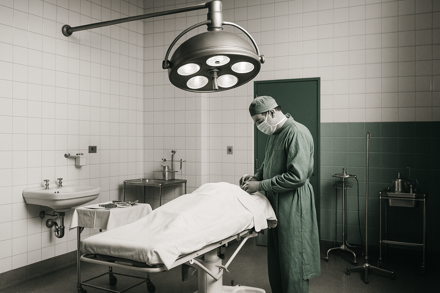 A 1950s operating theater with white glazed tile and early surgical green accents