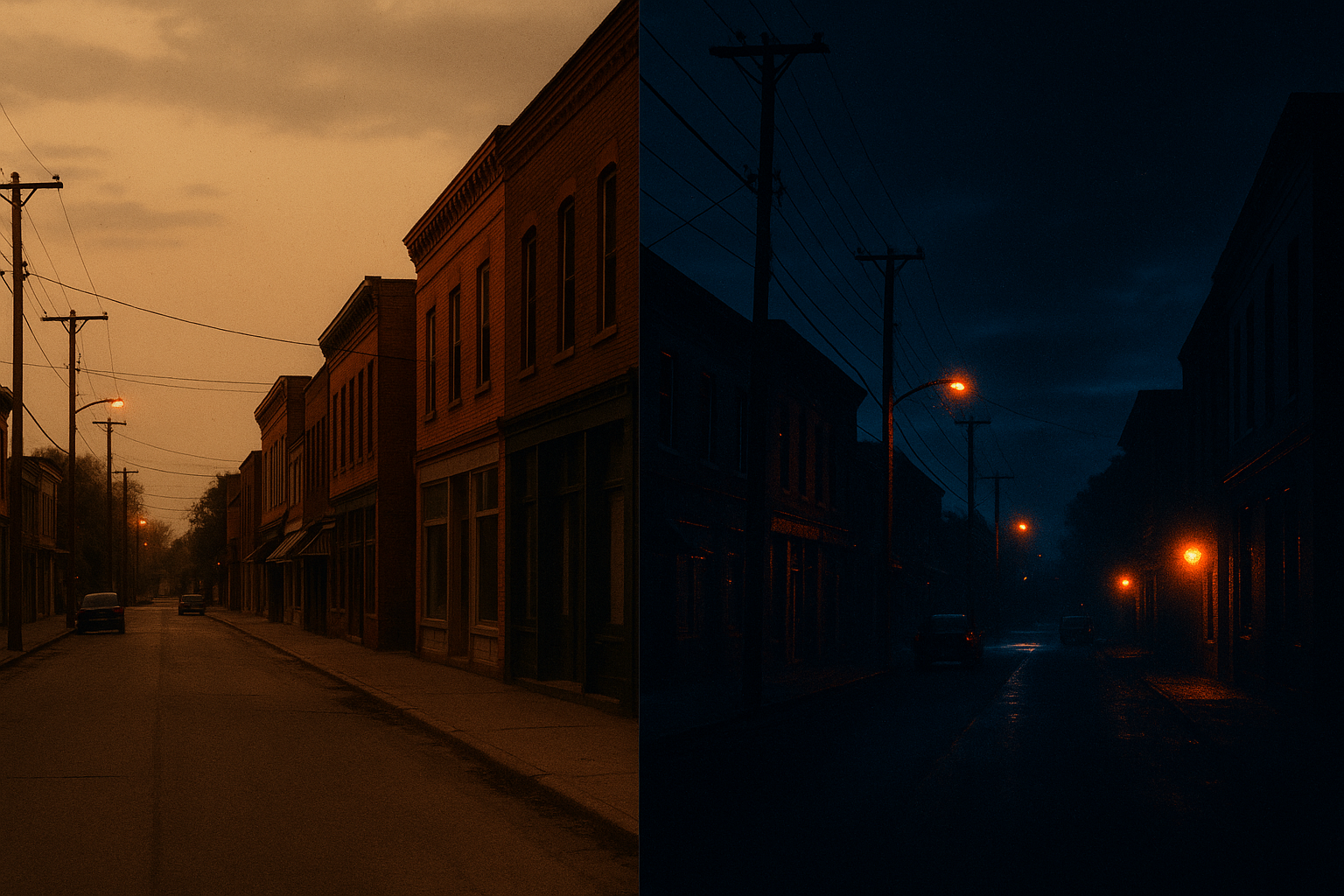 Side-by-side comparison of a warm nostalgic small-town scene versus the same scene rendered in cold high-contrast neon horror tones, illustrating a palette migration