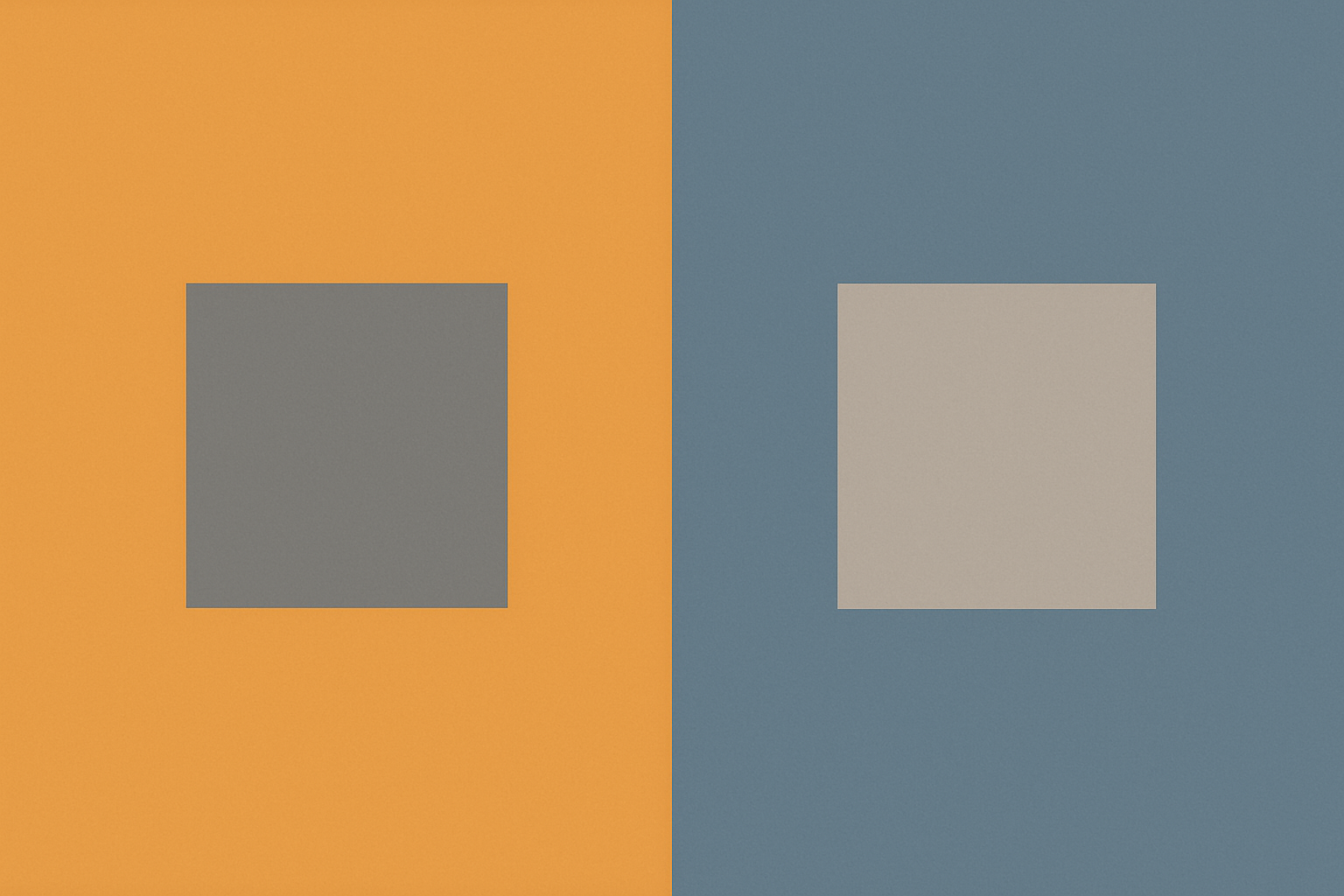 Two identical gray squares, one on a warm amber background and one on a cool slate-blue background, appearing to sit at different depths.