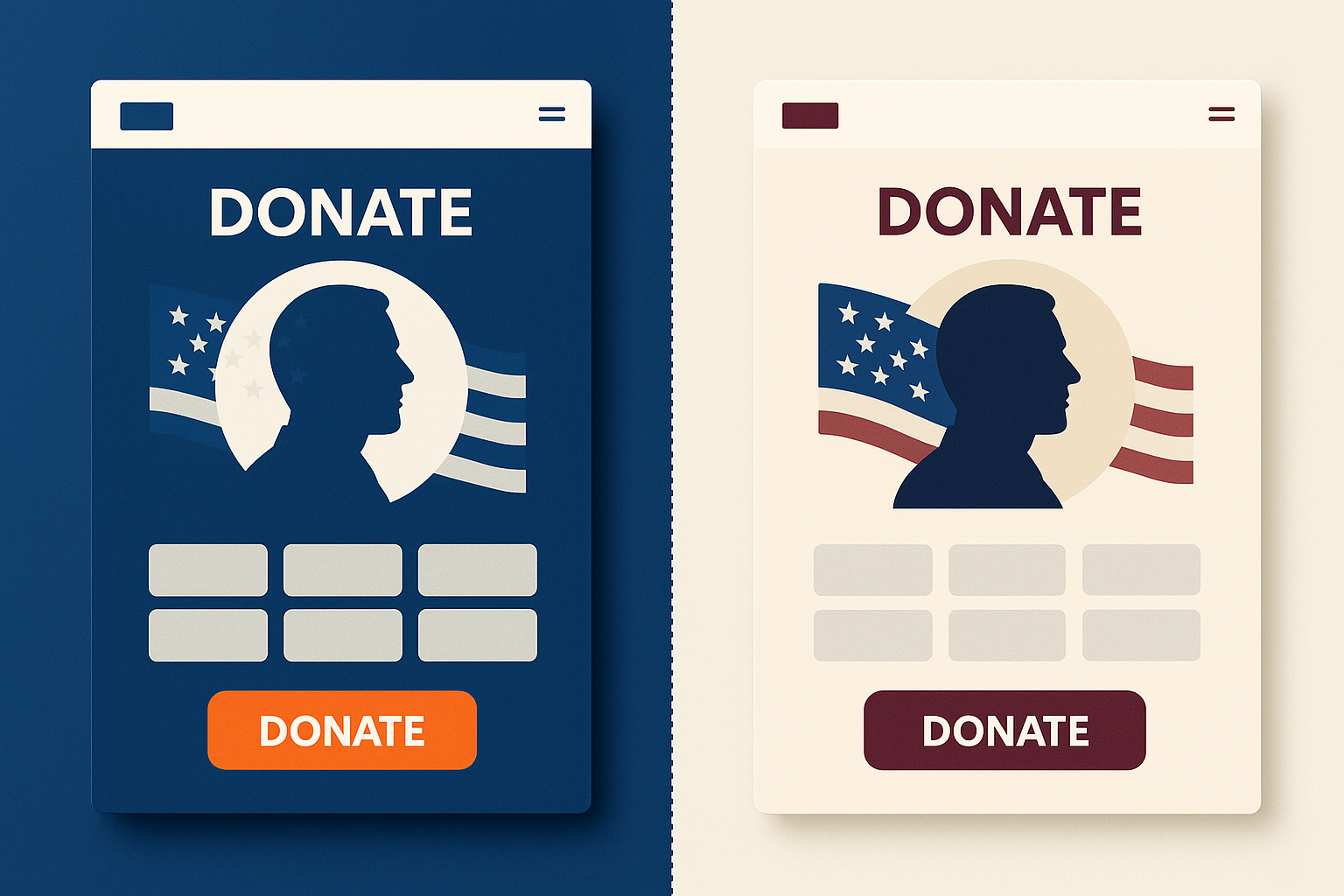 Two versions of a campaign donation page side by side showing different button and background colors to illustrate A/B testing