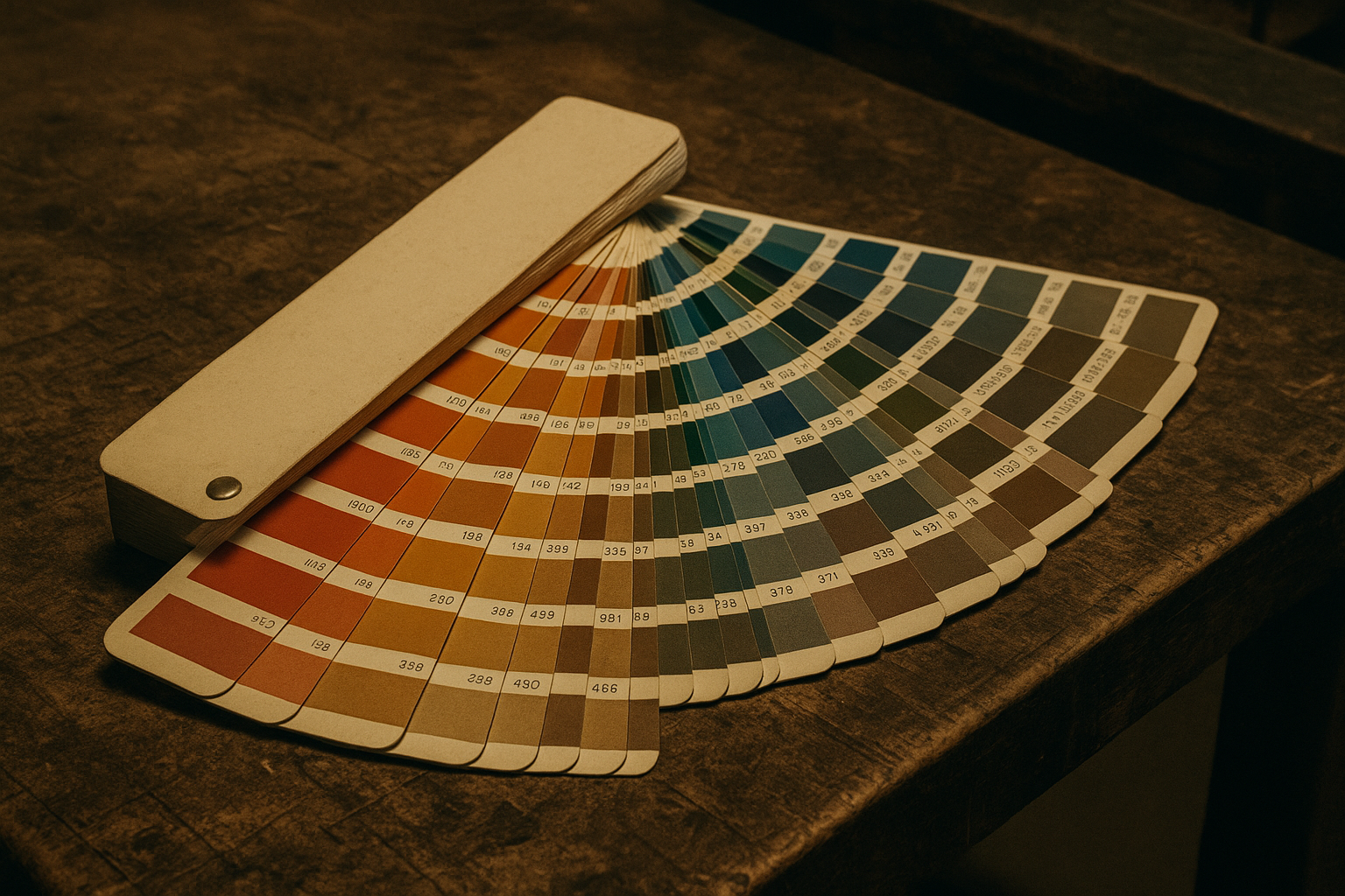 A vintage Pantone color fan deck fanned open on an old print-shop table, showing rows of numbered color chips.