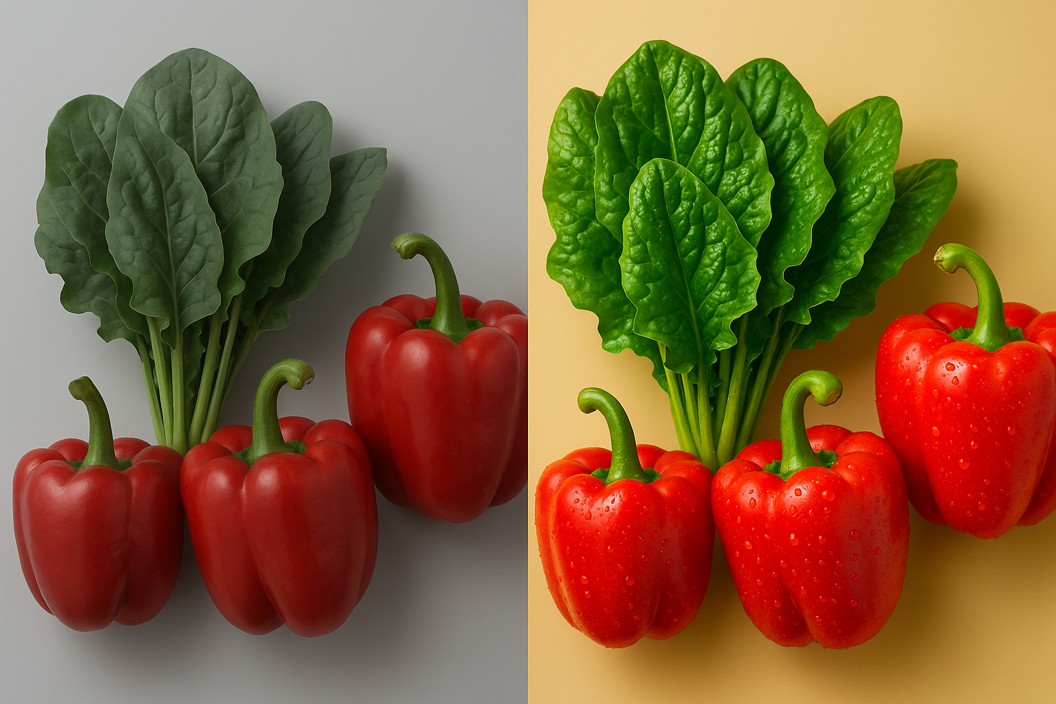 Comparison of produce under standard fluorescent light versus warm retail-optimized grocery lighting