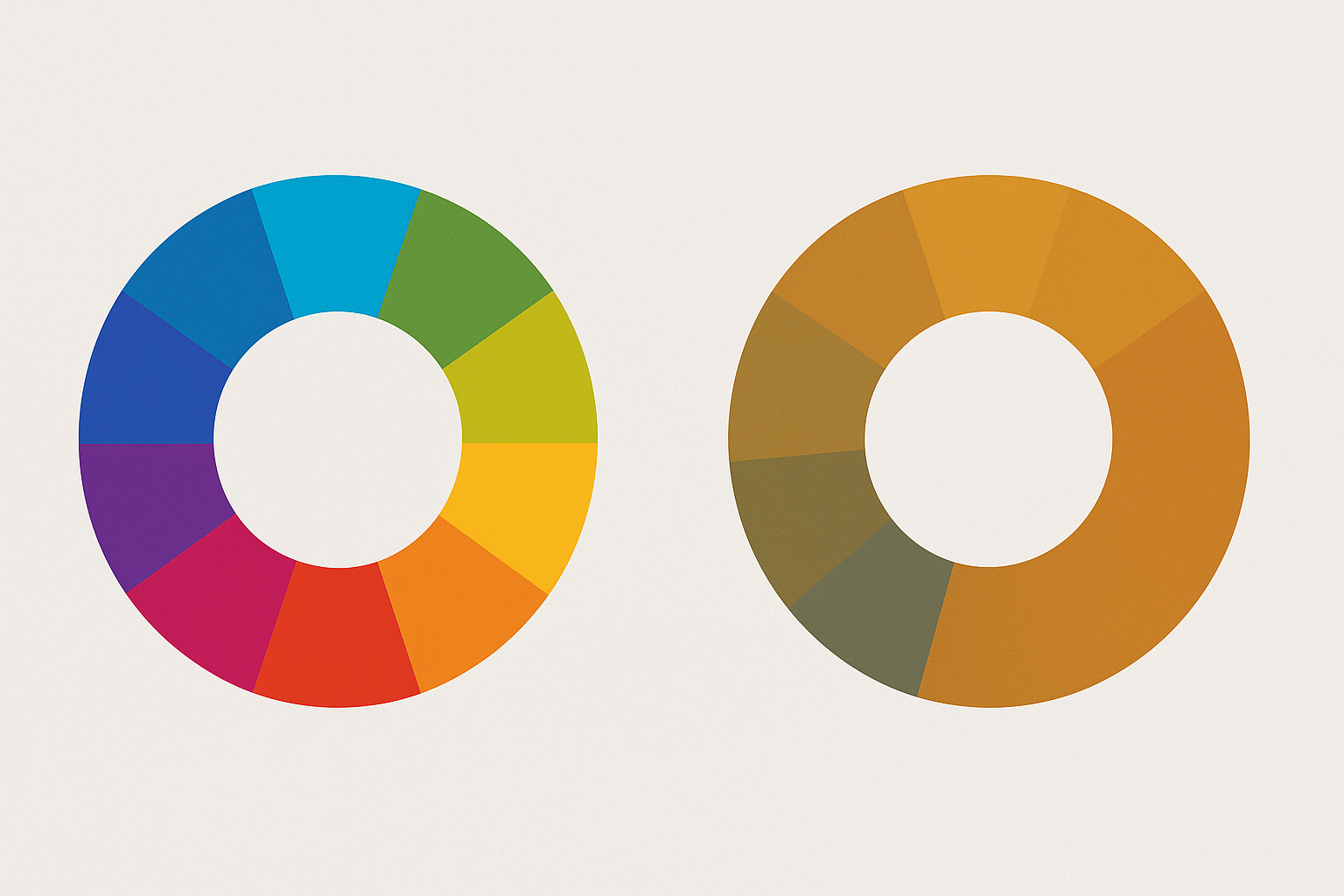 Comparison of a standard color wheel versus a simulated aging-eye color wheel where blue-green and red-orange sectors compress and blend together under a warm amber tint.