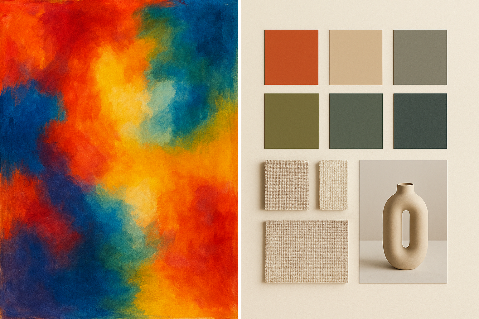 An expressive Bauhaus-style emotional color study on the left contrasted with a clean modern brand mood board on the right, showing the visual lineage from Itten to contemporary branding.