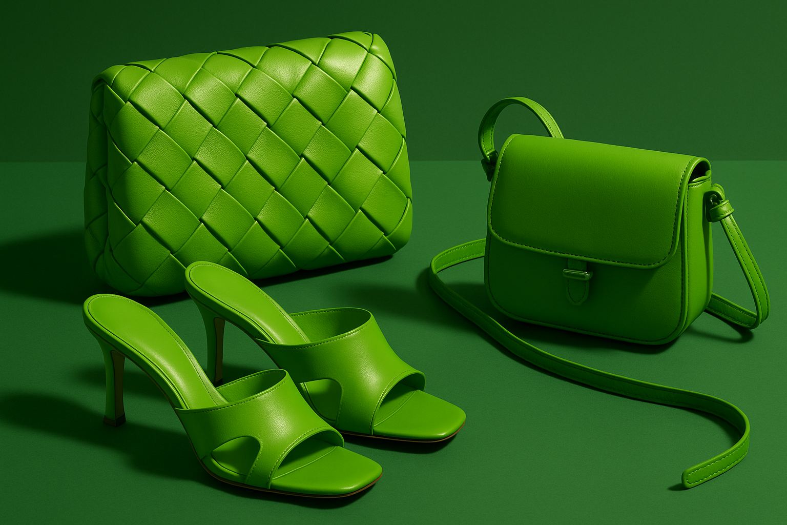 Vivid parakeet green luxury leather accessories including a woven clutch and heeled sandals arranged on a matching green surface, illustrating chromatic brand identity