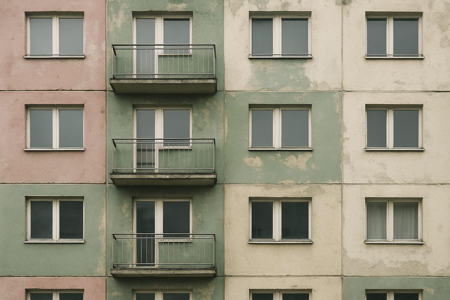 Close-up of an East Berlin Plattenbau facade showing faded pastel paint in dusty rose and sage green over prefabricated concrete panels, with some areas of paint peeling to reveal gray concrete beneath.