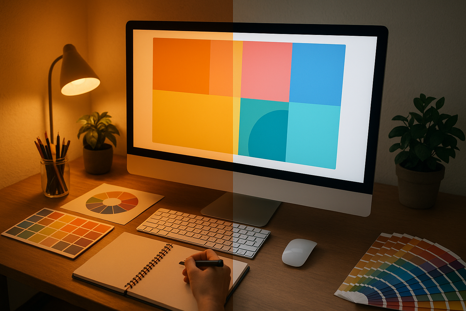 Split comparison of a design workspace showing a monitor with adaptive display matching warm room light on the left, versus a calibrated cool-white display contrasting with the warm room on the right