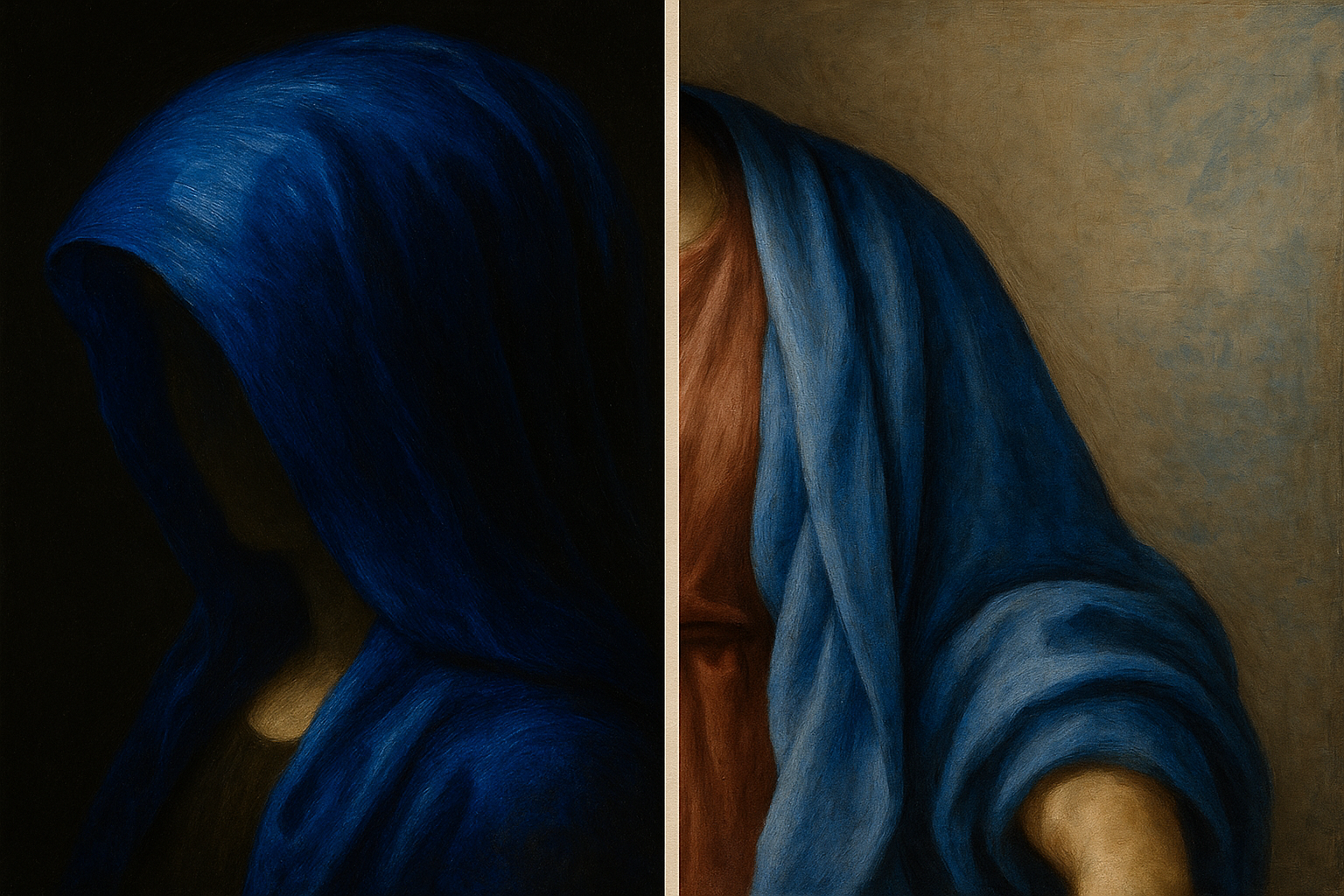 Side-by-side comparison of two approaches to ultramarine application in classical painting, showing lavish layering versus strategic, selective deployment of the precious blue pigment