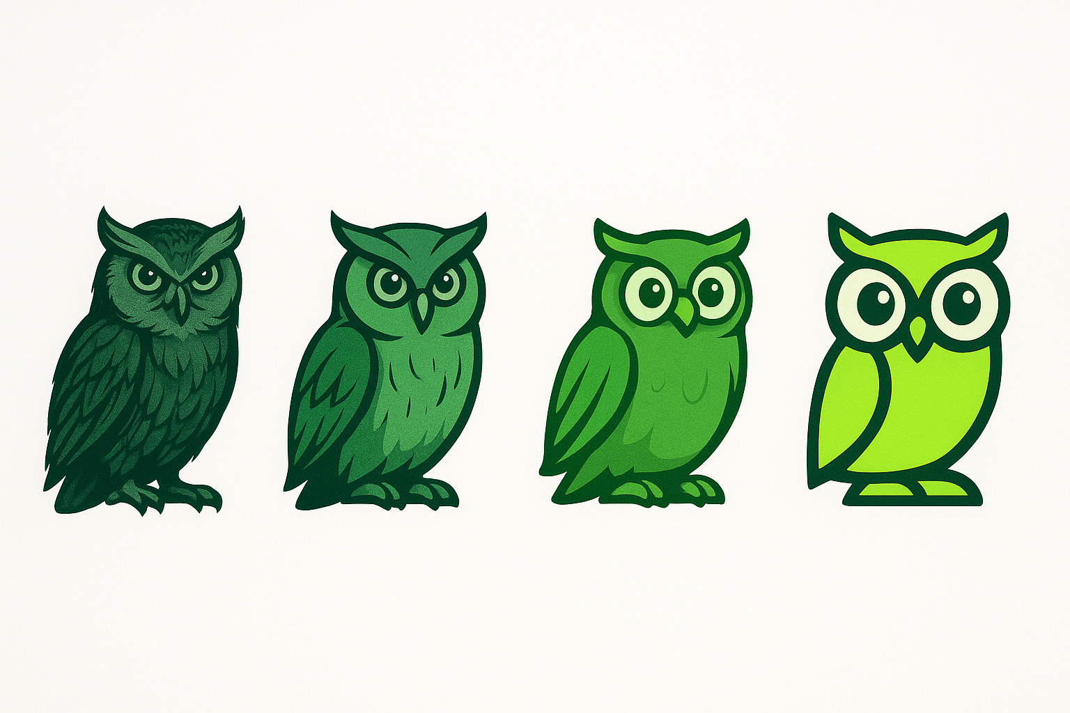 Evolution of a mascot owl character from detailed realistic dark green rendering to a bold, geometric, hyper-saturated neon green design with thick outlines, showing progressive simplification across four stages.