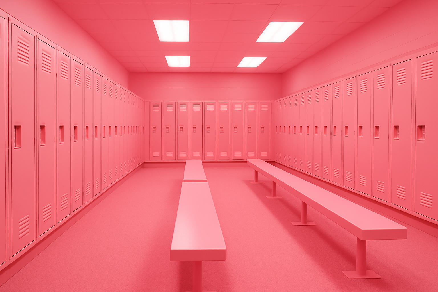 The University of Iowa's famous pink visiting locker room at Kinnick Stadium, where every surface from walls to lockers to carpet is painted Baker-Miller Pink as a form of competitive psychological strategy.