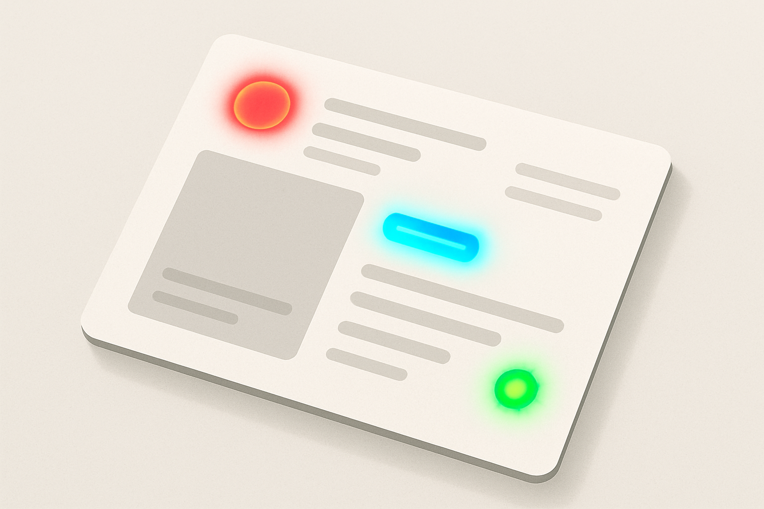 A minimal dashboard UI mockup showing saturated coral, cyan, and green accent elements appearing to glow and hover against a neutral gray interface, illustrating the H-K brightness inflation problem in product design.