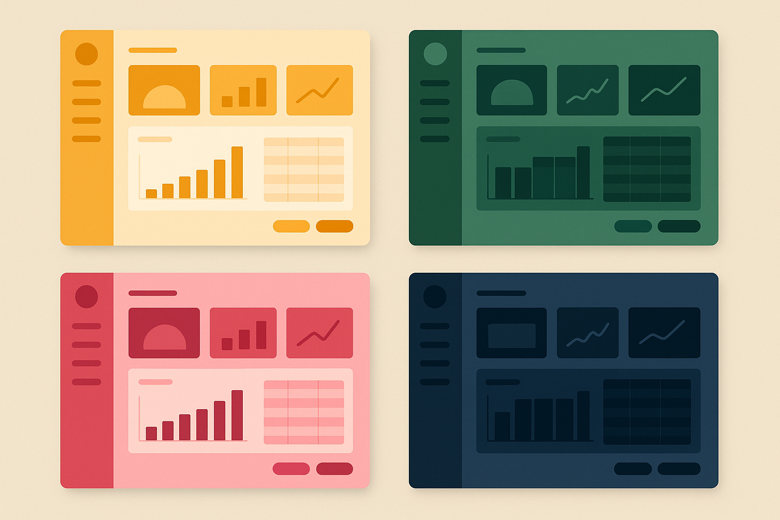 Four identical dashboard interfaces side by side, each themed with a different brand color: sunny yellow, deep emerald, hot magenta, and near-black navy, demonstrating how one product can serve multiple brand identities through a token-based color system.