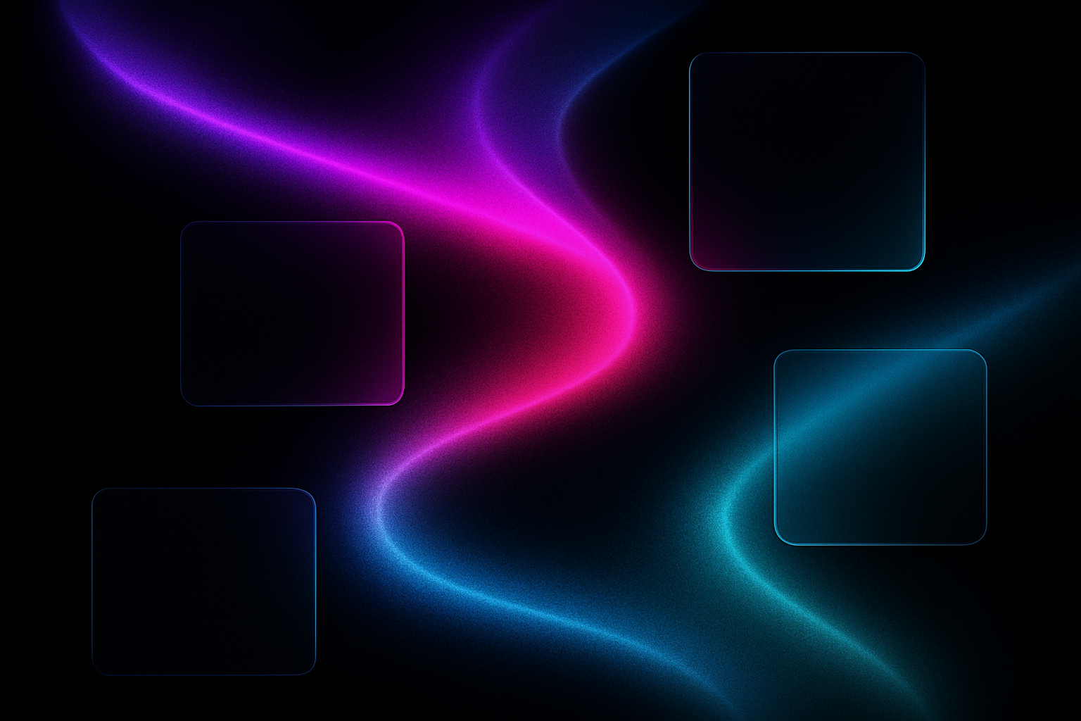 Abstract dark-themed digital artwork with vibrant violet-to-cyan mesh gradients and floating glassmorphic UI card shapes, representing neo-chromatic SaaS design aesthetics