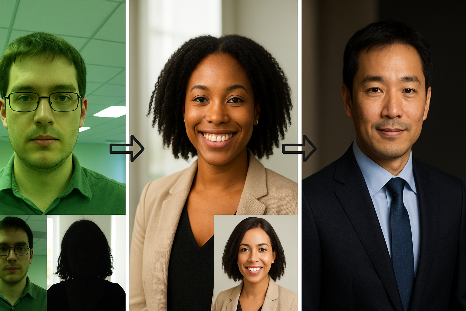 Three before-and-after comparisons showing AI lighting transformations: fluorescent office to corporate headshot, backlit window to LinkedIn photo, and dim room to executive portrait