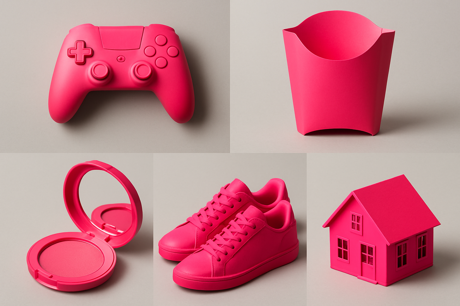 A grid of consumer products from different categories all unified by the same hot pink color, illustrating the Barbie campaign's chromatic reach across unrelated industries