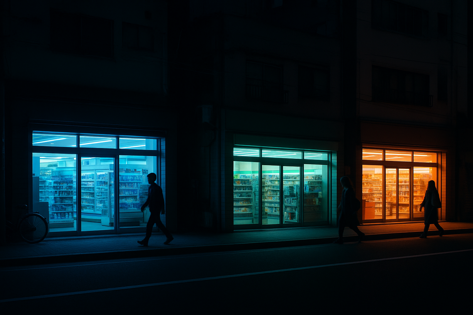 A nighttime Japanese street scene showing three convenience stores glowing with distinctly different brand colors, acting as chromatic beacons along the same block