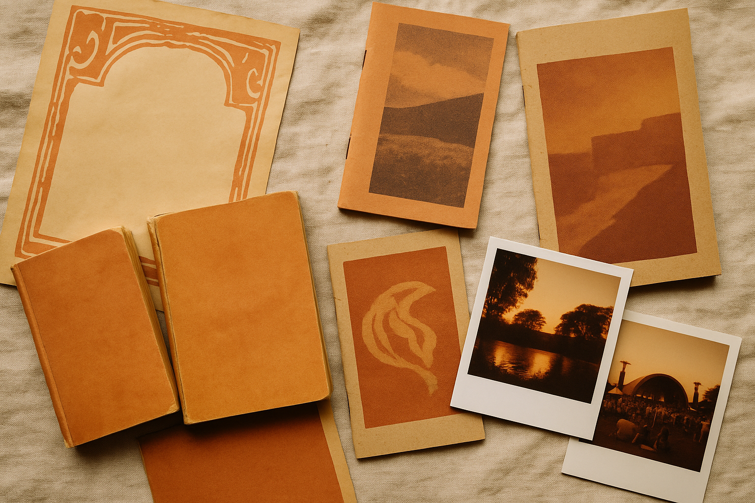 Collection of vintage printed ephemera including faded posters, old book covers, risograph zines, and film photographs, showcasing the muted and warm color palette that inspires the digital patina trend.