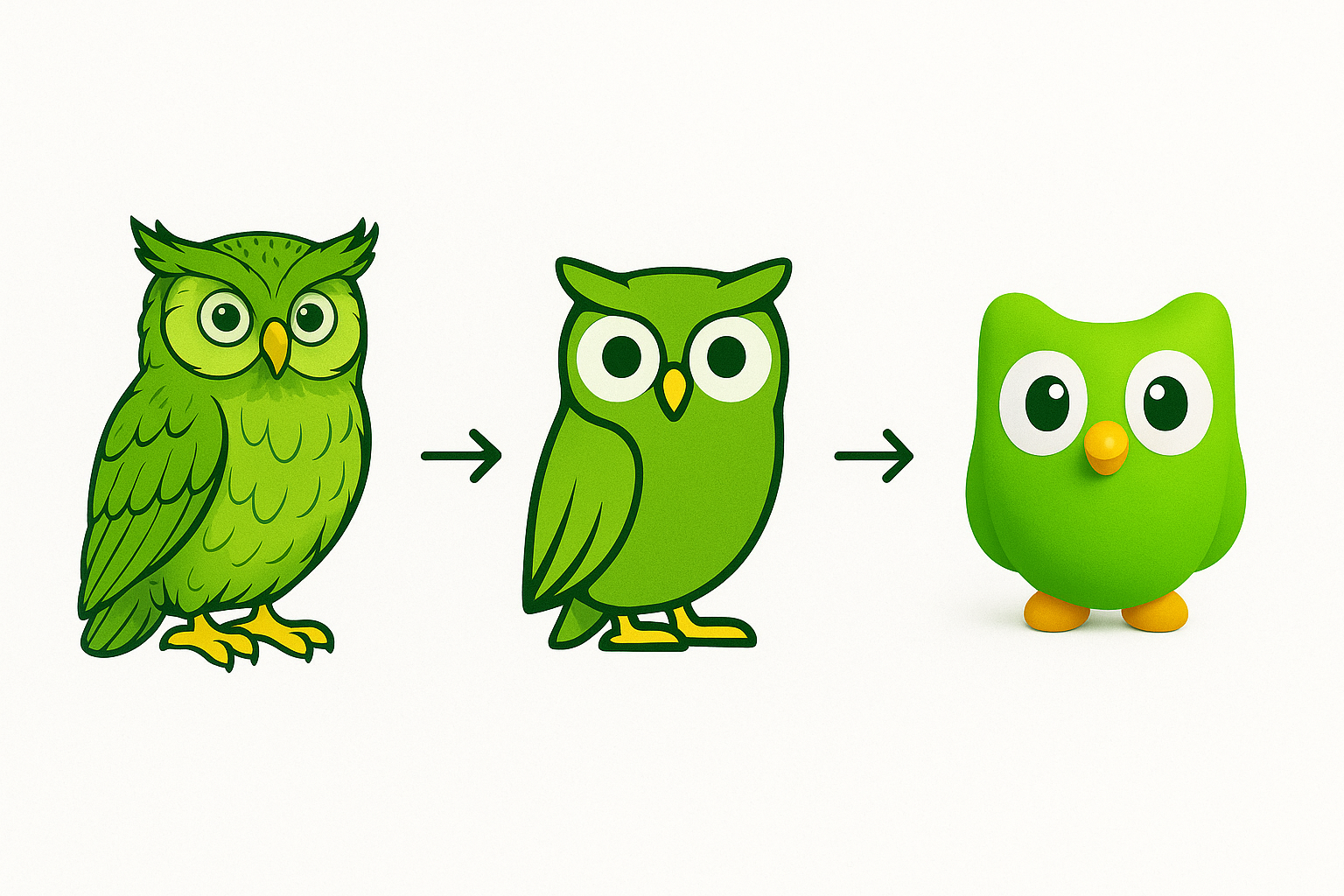 Visual timeline showing a green owl mascot evolving from a detailed illustration to a simplified 3D character, with the same vivid green color remaining constant across all versions.