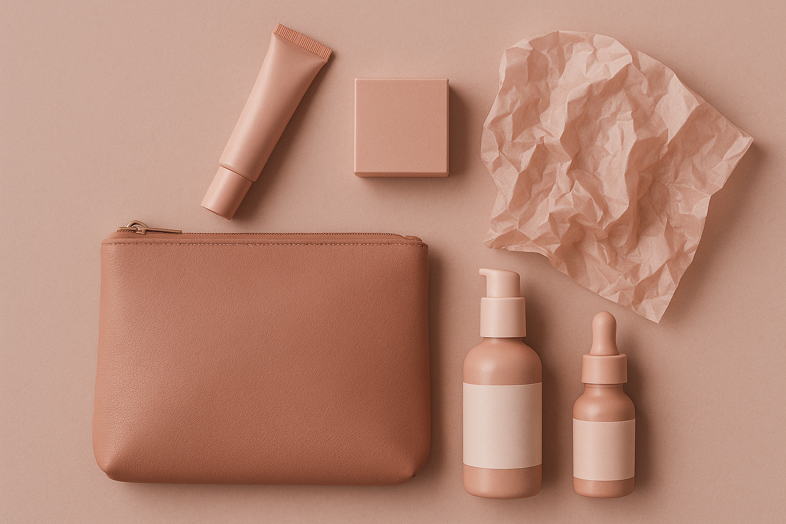 A flat-lay arrangement of beauty products and packaging in various shades of Millennial Pink, demonstrating how the color became synonymous with direct-to-consumer brand aesthetics