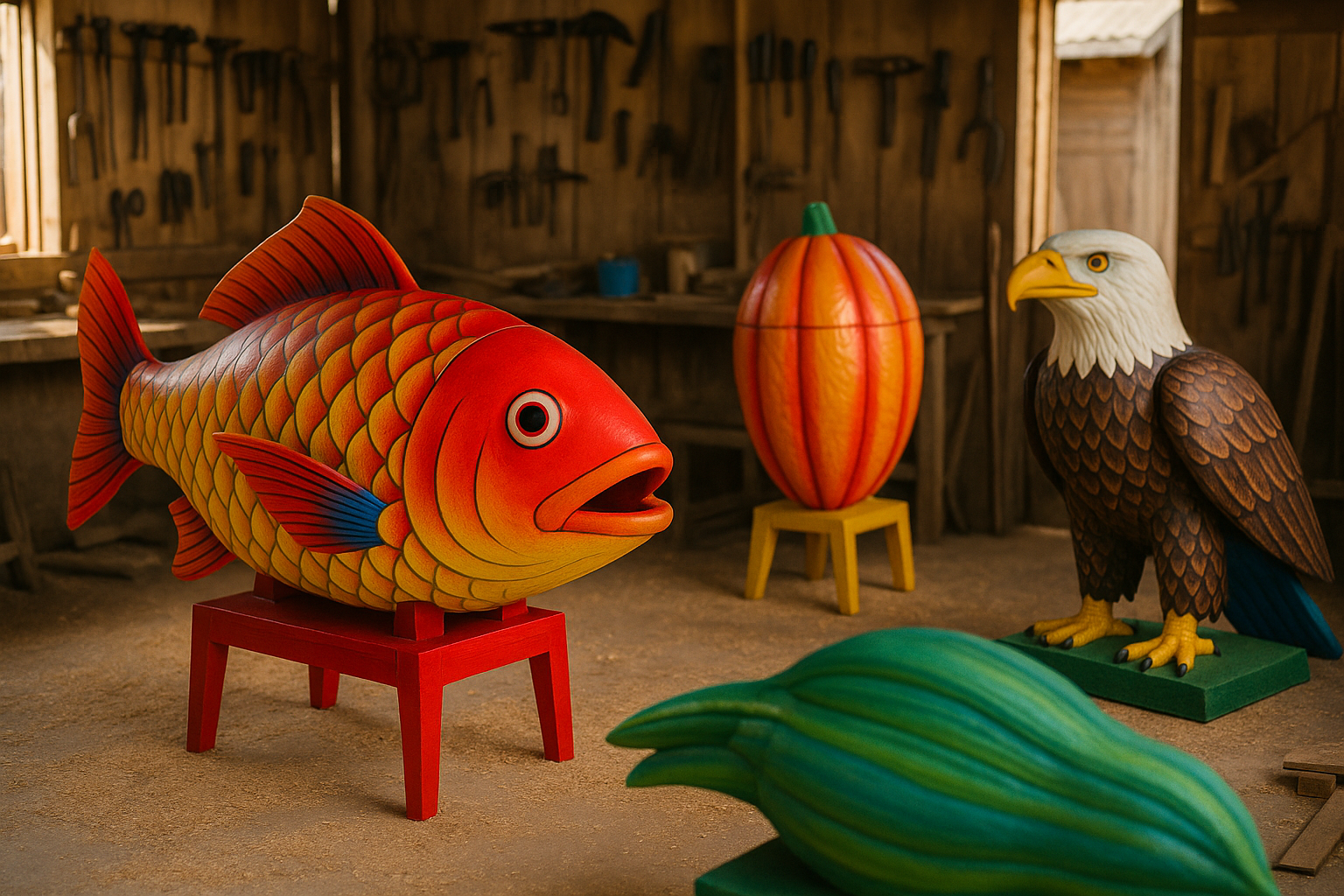 A Ghanaian fantasy coffin workshop displaying brightly painted sculptural coffins shaped like a fish, cocoa pod, and eagle, showcasing the vibrant use of color in West African funeral traditions.