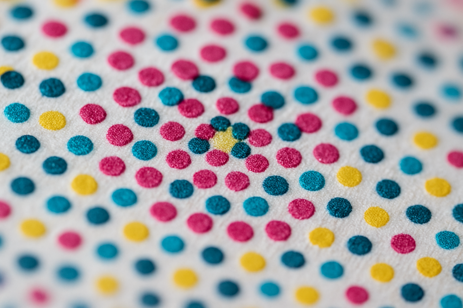 Macro photograph of CMYK halftone printing dots showing magenta, cyan, yellow, and black dot patterns on paper