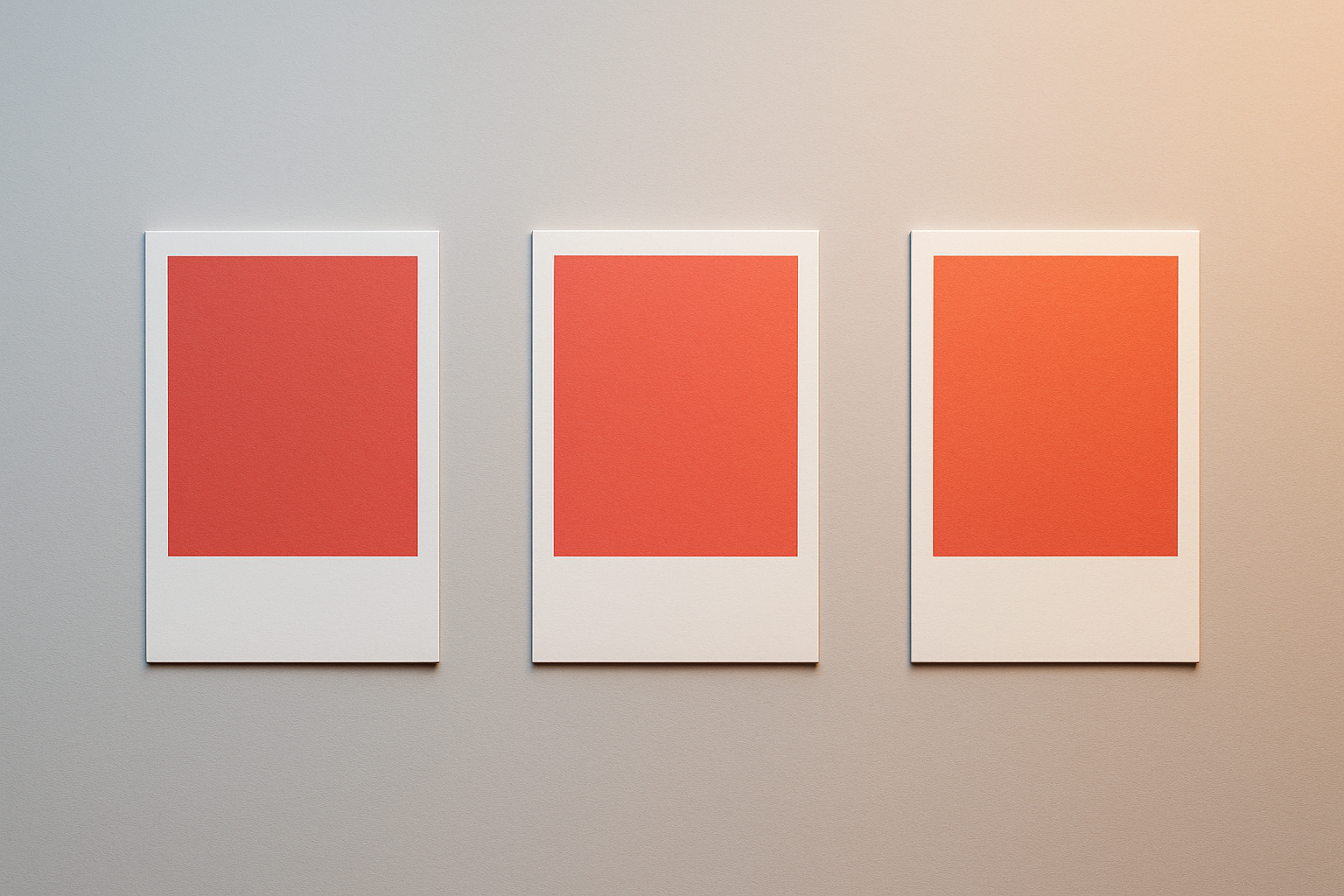 Three identical coral-red color swatches each illuminated by different color temperature lighting, showing how the same physical color appears cooler, neutral, or warmer depending on the ambient light source.
