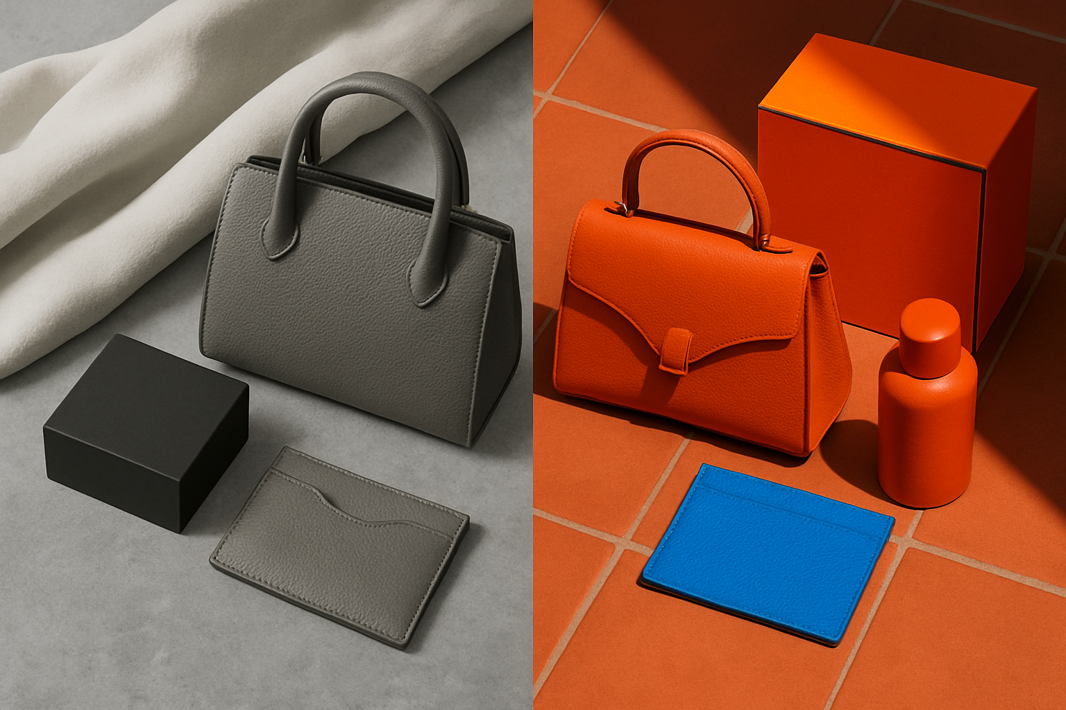 Side-by-side comparison of monochrome luxury aesthetic with neutral grays and creams versus a saturated color approach featuring bold oranges, terracotta, and blue.